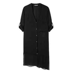 Helmut Lang Black Ghost Silk Chiffon Sheer Asymmetrical Shirt Dress M